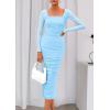 imagePRETTYGARDEN Fall Wedding Guest Dresses for Women 2025 Ruched Bodycon Midi Long Sleeve Formal Cocktail DressLight Blue