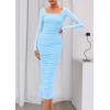 imagePRETTYGARDEN Fall Wedding Guest Dresses for Women 2025 Ruched Bodycon Midi Long Sleeve Formal Cocktail DressLight Blue