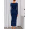 imagePRETTYGARDEN Fall Wedding Guest Dresses for Women 2025 Ruched Bodycon Midi Long Sleeve Formal Cocktail DressNavy Blue
