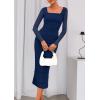 imagePRETTYGARDEN Fall Wedding Guest Dresses for Women 2025 Ruched Bodycon Midi Long Sleeve Formal Cocktail DressNavy Blue