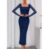 imagePRETTYGARDEN Fall Wedding Guest Dresses for Women 2025 Ruched Bodycon Midi Long Sleeve Formal Cocktail DressNavy Blue