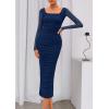 imagePRETTYGARDEN Fall Wedding Guest Dresses for Women 2025 Ruched Bodycon Midi Long Sleeve Formal Cocktail DressNavy Blue