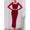 imagePRETTYGARDEN Fall Wedding Guest Dresses for Women 2025 Ruched Bodycon Midi Long Sleeve Formal Cocktail DressWine Red