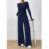 imagePRETTYGARDEN Womens 2 Piece Lounge Sets 2025 Fall Fashion Long Sleeve Crop Top Wide Leg Pants Matching Sets ClothingNavy