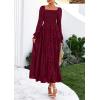 imagePRETTYGARDEN Womens 2025 Fall Floral Midi Dress Long Sleeve Smocked A Line Long Flowy Elegant Wedding Guest DressesBurgundy