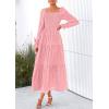 imagePRETTYGARDEN Womens 2025 Fall Floral Midi Dress Long Sleeve Smocked A Line Long Flowy Elegant Wedding Guest DressesPink