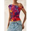 imagePRETTYGARDEN Womens Off Shoulder Tops 2025 Summer Floral Mesh Going Out Crop Tank Tops Asymmetrical Tight Y2K Shirts ClothesNavy Red Flower