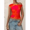 imagePRETTYGARDEN Womens Off Shoulder Tops 2025 Summer Floral Mesh Going Out Crop Tank Tops Asymmetrical Tight Y2K Shirts ClothesOrange Red