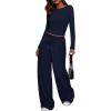 imagePRETTYGARDEN Womens 2 Piece Lounge Sets 2025 Fall Fashion Long Sleeve Crop Top Wide Leg Pants Matching Sets ClothingNavy
