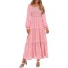 imagePRETTYGARDEN Womens 2025 Fall Floral Midi Dress Long Sleeve Smocked A Line Long Flowy Elegant Wedding Guest DressesPink