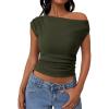 imagePRETTYGARDEN Womens 2025 Summer Off The Shoulder Crop Cute Tops Sleeveless One Shoulder Ruched Y2K Going Out Tank TopDark Army Green