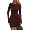 imagePRETTYGARDEN Womens Fall Long Sleeve Mini Dress 2025 Trendy Boat Neck Bodycon Knit Elegant Short Party Formal DressesBrown