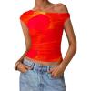 imagePRETTYGARDEN Womens Off Shoulder Tops 2025 Summer Floral Mesh Going Out Crop Tank Tops Asymmetrical Tight Y2K Shirts ClothesOrange Red