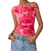 imagePRETTYGARDEN Womens Off Shoulder Tops 2025 Summer Floral Mesh Going Out Crop Tank Tops Asymmetrical Tight Y2K Shirts ClothesPink Flower