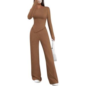 imagePRETTYGARDEN Casual Two Piece Sets for Women Fall Outfits 2025 Asymmetrical Off Shoulder Tops Wide Leg Pants Knit Lounge SetBrown