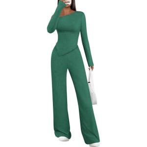 imagePRETTYGARDEN Casual Two Piece Sets for Women Fall Outfits 2025 Asymmetrical Off Shoulder Tops Wide Leg Pants Knit Lounge SetDark Green