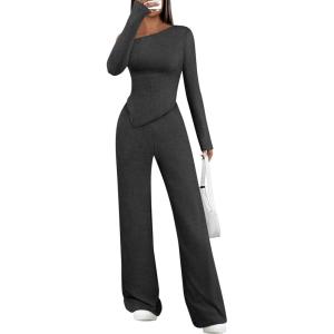 imagePRETTYGARDEN Casual Two Piece Sets for Women Fall Outfits 2025 Asymmetrical Off Shoulder Tops Wide Leg Pants Knit Lounge SetDark Grey