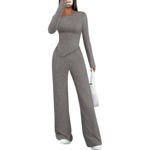 imagePRETTYGARDEN Casual Two Piece Sets for Women Fall Outfits 2025 Asymmetrical Off Shoulder Tops Wide Leg Pants Knit Lounge SetGrey