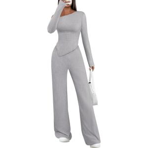 imagePRETTYGARDEN Casual Two Piece Sets for Women Fall Outfits 2025 Asymmetrical Off Shoulder Tops Wide Leg Pants Knit Lounge SetLight Grey