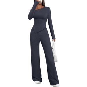 imagePRETTYGARDEN Casual Two Piece Sets for Women Fall Outfits 2025 Asymmetrical Off Shoulder Tops Wide Leg Pants Knit Lounge SetNavy