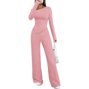 imagePRETTYGARDEN Casual Two Piece Sets for Women Fall Outfits 2025 Asymmetrical Off Shoulder Tops Wide Leg Pants Knit Lounge SetPink