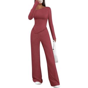 imagePRETTYGARDEN Casual Two Piece Sets for Women Fall Outfits 2025 Asymmetrical Off Shoulder Tops Wide Leg Pants Knit Lounge SetWine Red