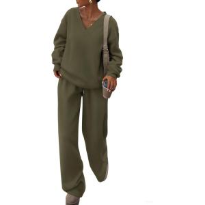 imagePRETTYGARDEN Casual Winter Two Piece Sets for Women 2025 V Neck Sweatshirt Loose Wide Leg Pants Tracksuit Knit Fall OutfitsArmy Green