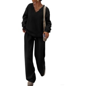 imagePRETTYGARDEN Casual Winter Two Piece Sets for Women 2025 V Neck Sweatshirt Loose Wide Leg Pants Tracksuit Knit Fall OutfitsBlack