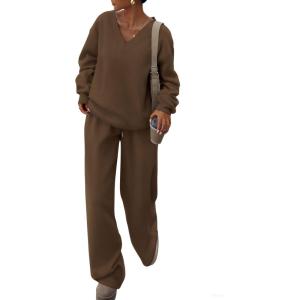 imagePRETTYGARDEN Casual Winter Two Piece Sets for Women 2025 V Neck Sweatshirt Loose Wide Leg Pants Tracksuit Knit Fall OutfitsBrown