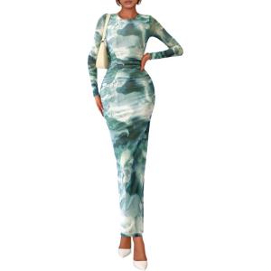 imagePRETTYGARDEN Fall Dresses for Women 2025 Long Sleeve Floral Mesh Sexy Bodycon Homecoming Wedding Guest Cocktail Maxi DressGrey Green Floral