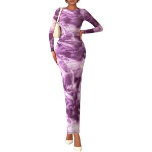 imagePRETTYGARDEN Fall Dresses for Women 2025 Long Sleeve Floral Mesh Sexy Bodycon Homecoming Wedding Guest Cocktail Maxi DressGrey Purple Floral