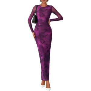 imagePRETTYGARDEN Fall Dresses for Women 2025 Long Sleeve Floral Mesh Sexy Bodycon Homecoming Wedding Guest Cocktail Maxi DressPurple Floral