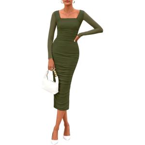 imagePRETTYGARDEN Fall Wedding Guest Dresses for Women 2025 Ruched Bodycon Midi Long Sleeve Formal Cocktail DressArmy Green