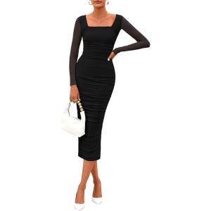 imagePRETTYGARDEN Fall Wedding Guest Dresses for Women 2025 Ruched Bodycon Midi Long Sleeve Formal Cocktail DressBlack