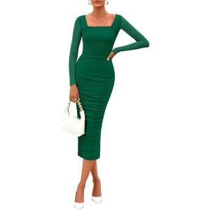 imagePRETTYGARDEN Fall Wedding Guest Dresses for Women 2025 Ruched Bodycon Midi Long Sleeve Formal Cocktail DressDark Green