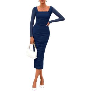 imagePRETTYGARDEN Fall Wedding Guest Dresses for Women 2025 Ruched Bodycon Midi Long Sleeve Formal Cocktail DressNavy Blue