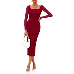 imagePRETTYGARDEN Fall Wedding Guest Dresses for Women 2025 Ruched Bodycon Midi Long Sleeve Formal Cocktail DressWine Red