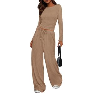 imagePRETTYGARDEN Womens 2 Piece Lounge Sets 2025 Fall Fashion Long Sleeve Crop Top Wide Leg Pants Matching Sets ClothingApricot
