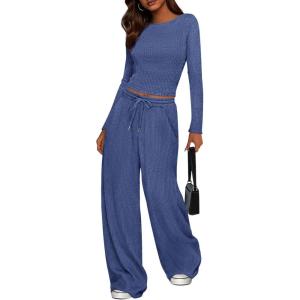 imagePRETTYGARDEN Womens 2 Piece Lounge Sets 2025 Fall Fashion Long Sleeve Crop Top Wide Leg Pants Matching Sets ClothingBlue