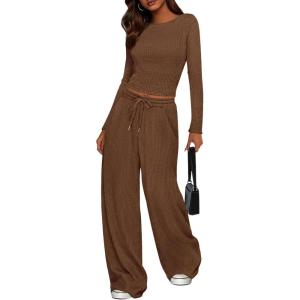 imagePRETTYGARDEN Womens 2 Piece Lounge Sets 2025 Fall Fashion Long Sleeve Crop Top Wide Leg Pants Matching Sets ClothingDark Khaki