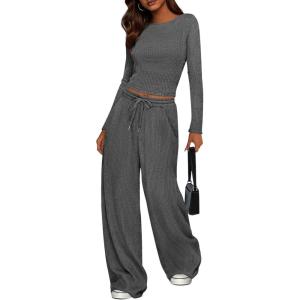 imagePRETTYGARDEN Womens 2 Piece Lounge Sets 2025 Fall Fashion Long Sleeve Crop Top Wide Leg Pants Matching Sets ClothingGrey