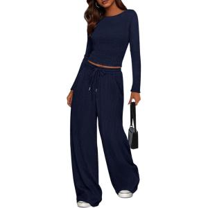 imagePRETTYGARDEN Womens 2 Piece Lounge Sets 2025 Fall Fashion Long Sleeve Crop Top Wide Leg Pants Matching Sets ClothingNavy