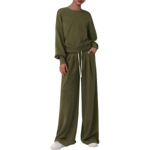 imagePRETTYGARDEN Womens 2 Piece Sets Long Sleeve Sweatshirt Wide Leg Pants Loose Matching Lounge Set Trendy Fall OutfitsArmy Green