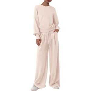 imagePRETTYGARDEN Womens 2 Piece Sets Long Sleeve Sweatshirt Wide Leg Pants Loose Matching Lounge Set Trendy Fall OutfitsBeige