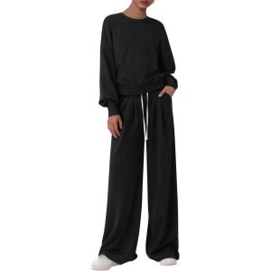 imagePRETTYGARDEN Womens 2 Piece Sets Long Sleeve Sweatshirt Wide Leg Pants Loose Matching Lounge Set Trendy Fall OutfitsBlack
