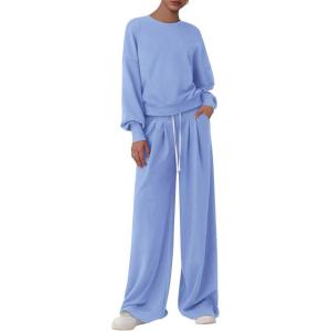 imagePRETTYGARDEN Womens 2 Piece Sets Long Sleeve Sweatshirt Wide Leg Pants Loose Matching Lounge Set Trendy Fall OutfitsBlue