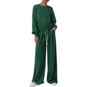 imagePRETTYGARDEN Womens 2 Piece Sets Long Sleeve Sweatshirt Wide Leg Pants Loose Matching Lounge Set Trendy Fall OutfitsDark Green