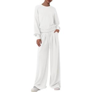 imagePRETTYGARDEN Womens 2 Piece Sets Long Sleeve Sweatshirt Wide Leg Pants Loose Matching Lounge Set Trendy Fall OutfitsWhite