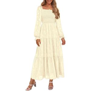 imagePRETTYGARDEN Womens 2025 Fall Floral Midi Dress Long Sleeve Smocked A Line Long Flowy Elegant Wedding Guest DressesBeige