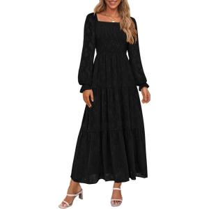 imagePRETTYGARDEN Womens 2025 Fall Floral Midi Dress Long Sleeve Smocked A Line Long Flowy Elegant Wedding Guest DressesBlack